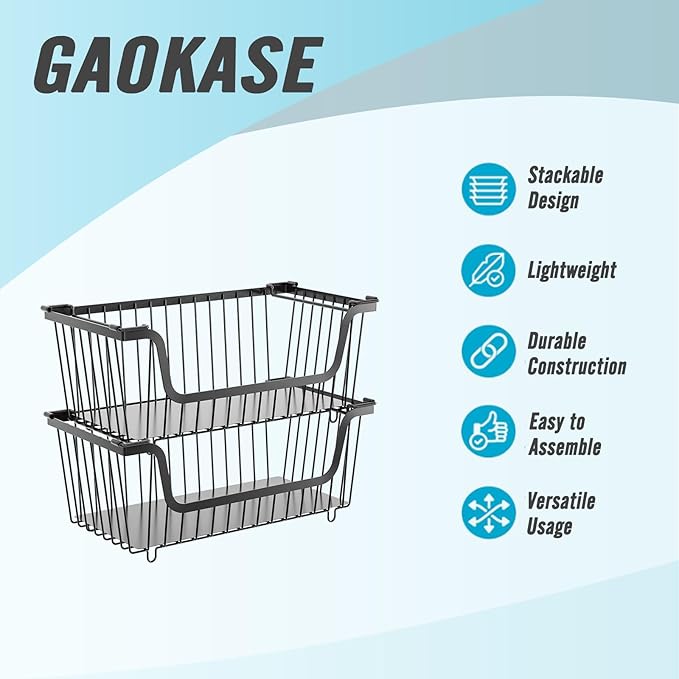 GAOKASE 4 Pcs Stackable Wire Baskets for Pantry Organizers and Storage,Vegetable Fruit Basket for Countertop,Kitchen Storage Metal Baskets,Produce Potato Onion Storage Bin,Black