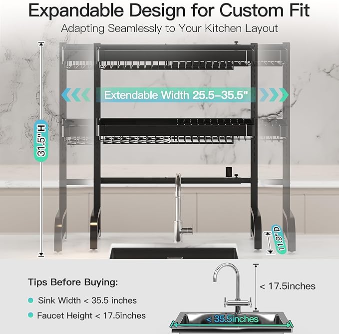 3 Tier Extra Large Stainless Steel Expandable Over The Sink Dish Drainer Drying Rack, Rust Proof Metal, Space Saving, Modern Black Big Capacity Extendable Plate Strainers Above Kitchen Counter