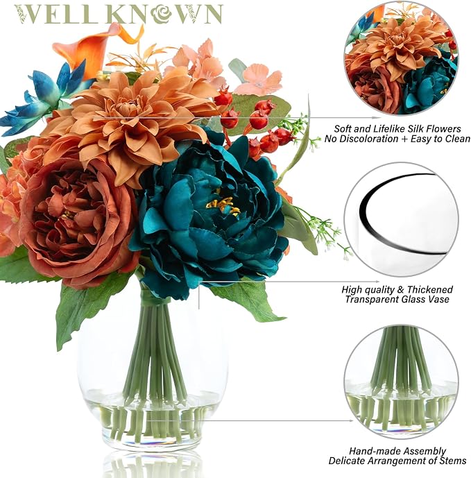 Artificial Flowers in Vase with Fake Water, Faux Silk Peony Dahlia Bouquet, Teal Burnt Orange Flowers Arrangement for Dining Table Centerpiece Wedding Party Spring Home Decor & Birthday Gift
