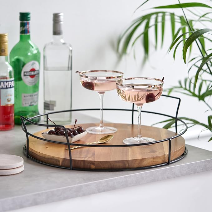 Twine Acacia Wood Cocktail Tray, Outdoor Entertaining, Easy Carry Handles, Removable Frame, Drink and Appetizer Tray, Set of 1