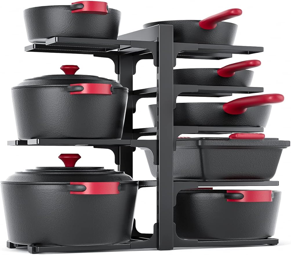 MUDEELA 8-Tier Heavy Duty Adjustable Pots and Pans Organizer and 10 Expandable Pans Organizer Rack for under Cabinet Bundle