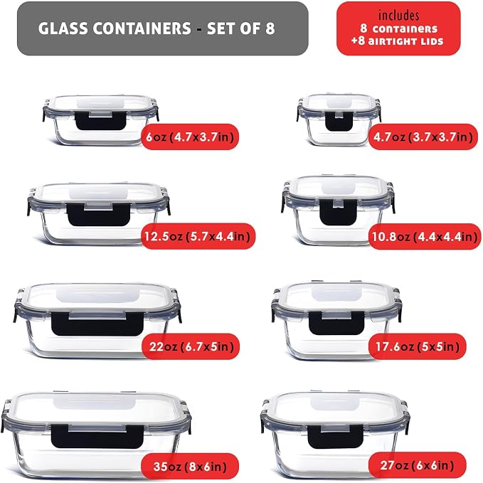 EATEX 16pc Glass Food Storage Containers with Lids, Airtight Glass Meal Prep Containers, 8 Reusable Food Containers with 8 Leakproof Snap Lock Lids, Oven Microwave Freezer Safe Lunch
