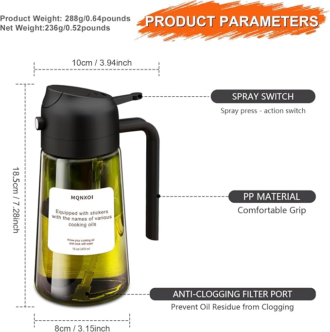 mqnxoi Oil Sprayer for Cooking, 2 in 1 Olive Oil Dispenser Bottle for Kitchen, 16oz/470ml Premium Glass, Food-grade Oil Mister for Air Fryer, Salad, Frying, BBQ (Black + Dark Green Bottle)