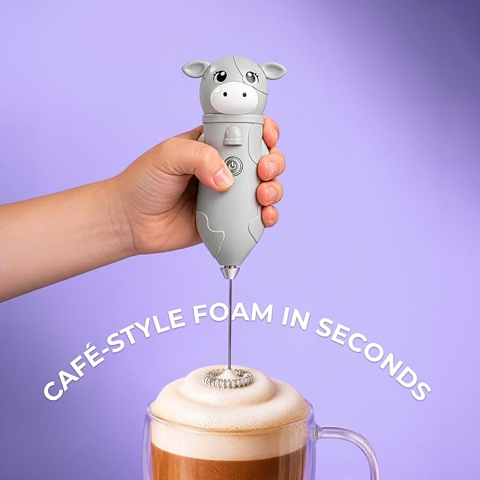 Zulay Kitchen Cow Milk Frother Wand – Cutesy Frother, Meet Your New Frothing Buddy Misty The Cow, Adoption Papers and Stickers Included, Purrr-fect for Lattes, Cappuccino & Matcha – Gray