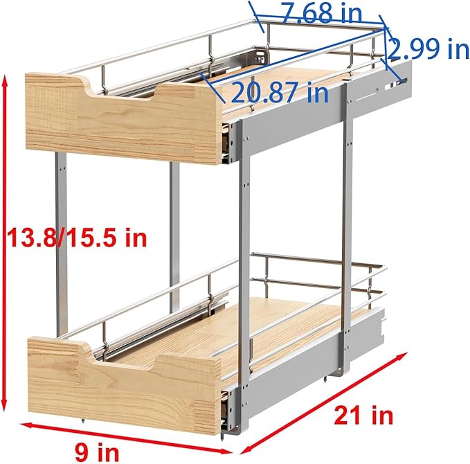 Sikarou Pull Out Cabinet Organizer,Heavy-Duty Slide Out Shelf, Wood and Wire Basket, Pull Out Drawer for for Kitchen Under Sink Space, Pantry, Bathroom, 2 Tie 9 * 21 in