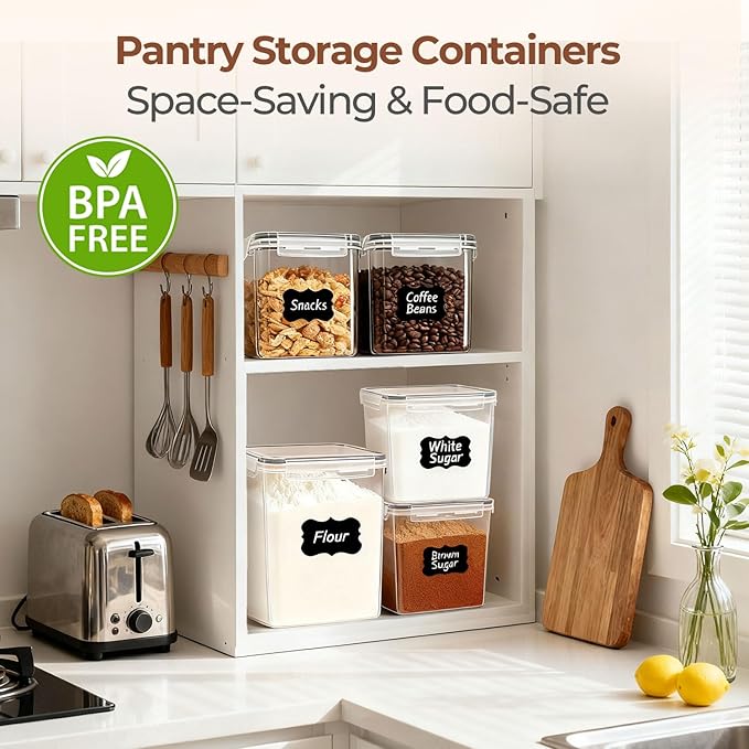 3 PCS Airtight Flour and Sugar Container for Pantry - 5lb Flour Capacity - 7.1 Inch Extra Wide Mouth Square Pantry Storage - Set of 3 (5.2L/5.5Qt) (2.5L/2.6Qt*2) - Stackable Baking Supplies Organizer