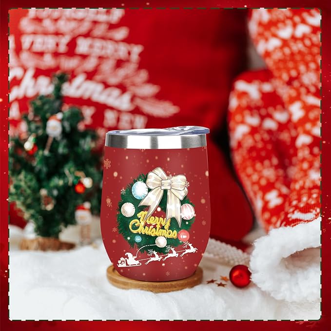 MEZMUT Christmas Wine Tumbler Unique Mom Christmas Gifts for Women Her 12oz Stainless Steel Wine Glass Christmas Cups Insulated Tumblers with Lids&Straws Double Wall Vacuum Coffee Tumbler Mugs