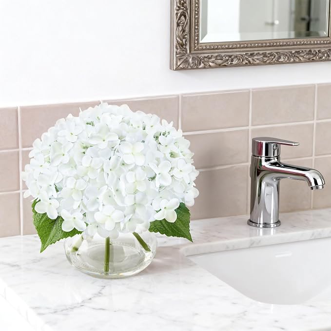 Artificial Hydrangea Flowers Arrangements in Glass Vase for Home Decoration, Faux Hydrangea Flowers for Floral Arrangements with Faux Water Wedding Bouquets Kitchen Table Centerpiece Decor