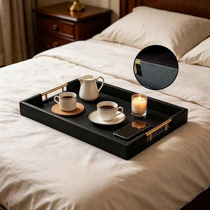 16×20 Inches Black Faux Leather Coffee Serving Tray Decorative Ottoman Trays with Gold Metal Handles Decor for Living Room Rectangle Large Bed Breakfast Organizer for All Occasions Multipurpose Using