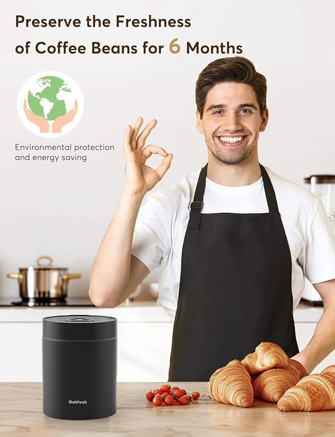 OUTPEAK 2025 Kilo Auto Vacuum Coffee Canister, 1.8L for 21.2oz Coffee Beans, One-Button Operation, Stainless Steel Container with Scoop, Fresh 6-Month Storage Container (Barista Champion's Choice)