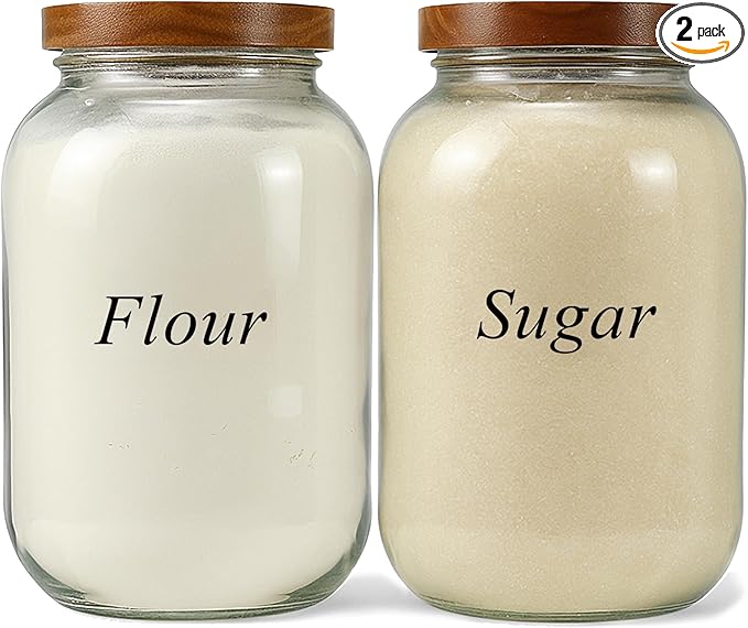2 Pack Glass Flour Sugar Storage Containers with Acacia Wooden Lid, 1 Gallon Glass Jars with Airtight Lid, Wide Mouth Large Mason Jars 128oz for Rice, Pasta, Oats, Coffee Storage