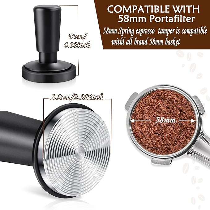 Espresso Coffee Tamper with Calibrated Spring-loaded 25lb / 30lbs Replacement Springs Ripple Base Black Premium Barista Tool Anodized Aluminum (58mm)