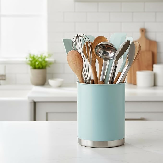Creative Home Stainless Steel Utensil Holder– 6.3" Large Cooking Tool Organizer for Kitchen Decor and Countertop Storage, Stable Anti-Tip Design, Durable Powder-Coated Finish, Ocean Blue