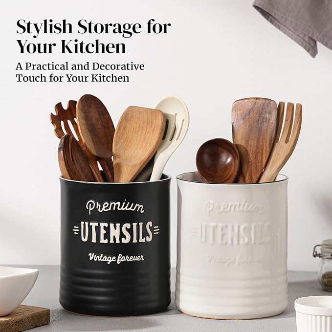 DOWAN 7.2″ Extra Large Utensil Holder, Farmhouse Utensil Holder for Kitchen Counter, Ceramic Utensil Crock with Protection Cork Mat, Utensil Storage for Kitchen Decor & Housewarming Gift, Matte Black