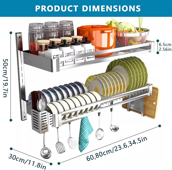 Wall Mounted Dish Drying Rack For Kitchen, 2 Tier Stainless Steel Hanging Dish Rack Over Sink With Removable Drainboard, Adjustable Height Space Saving Cutlery Organizer Holder (23.6x11.8x19.7in)