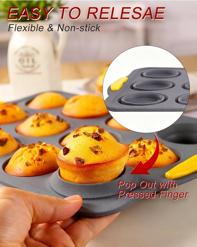 12-Cups Foldable Silicone Muffin Pan with Metal Reinforced Frame - Non-Stick Heat-Resistant Baking Mold for Muffins, Cupcakes, Mini Treats - Easy Storage Silicone Baking Pan, 7-Piece Baking Set