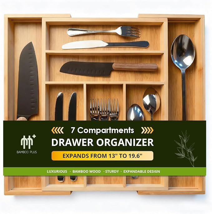 Premium Bamboo Kitchen Drawer Organizer, Perfect for Storing Cutlery, Silverware, and Gadgets, Suitable for Kitchens, Living Rooms, and Bedrooms, 5-7 Compartments, 13 to 19.6 Inches Wide