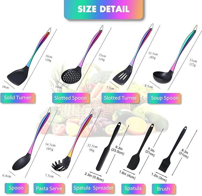 Silicone Cooking Utensils Set, 9Pcs Kitchen Utensil Set with Stainless Steel Handle, Heat-Resistant Silicone Utensils for Cooking, Non-Stick Spatula Set with Spoons, Turners, Ladle (Rainbow)
