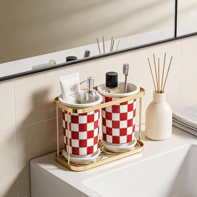 Ceramic Checkered Utensil Crocks with Gold Metal Rack, Black & White Grid Kitchen Utensil Storage, Farmhouse Kitchen Decor, Flatware Organizer & Home Accessory (Red)