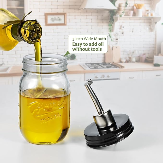 SheeChung Oil Dispenser Bottle for Kitchen, Glass Cooking Oil Bottle, 16oz Mason Jar Vinegar Dispenser Set with Brush, Stainless Steel Pour Spout, Rustic Farmhouse Kitchen Decor 1 Pack