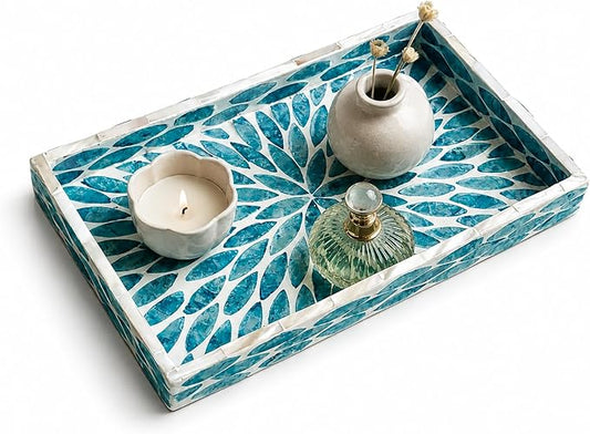 Mother of Pearl Inlay Wooden Tray – Handmade Decorative Rectangle Serving Tray for Coffee Table, Kitchen, Bathroom, Vanity or Living Room Decor, Blue Leaves