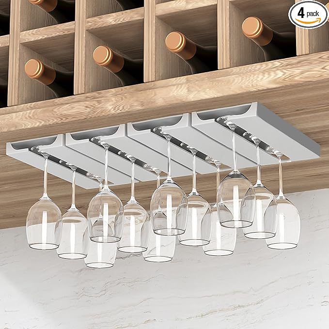 Under Shelf Wine Glass Rack, 4 Pack Stemware Holder - Punch-free Cabinet Glass Storage Hanger, Plastic Organizer (Classic White)