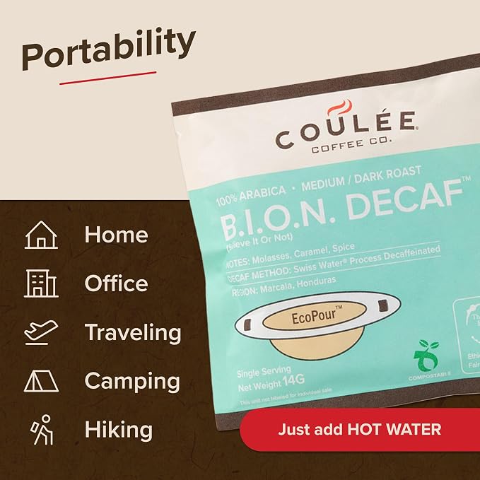 EcoPour B.I.O.N. Coffee, Single Serve Pour Over Decaffeinated Coffee, for Camping or Traveling, Pre Filled Compostable, All Paper Filters, Ready to Brew with Hot Water, 20 Pack