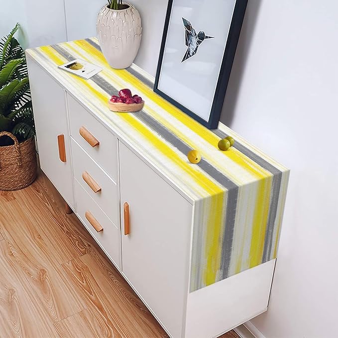 Emvency Yellow Abstract Table Runner, Modern Grey White Striped Dining Decor for Kitchen Coffee Table Family Dinners Holiday Parties Wedding Events Decor(13x72 inch)