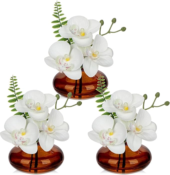 Oairse White Orchids Artificial Flowers Faux Orchids Arrangement in Amber Glass Vases Set of 3 Real Touch Phalaenopsis Orchid Flowers Small Fake Orchid Centerpiece for Dining Room Table