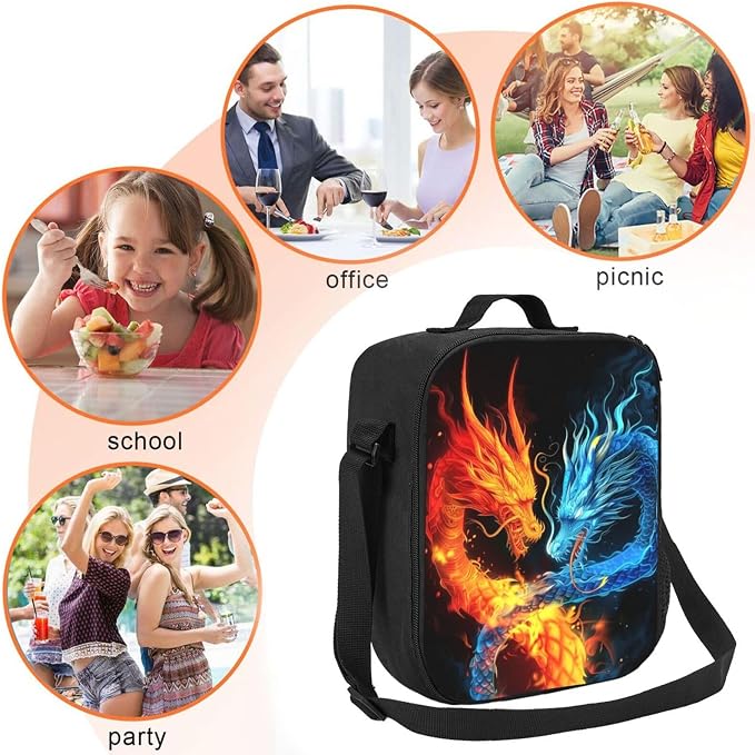 Insulated Lunch Bag, Reusable Portable Lunch Box With Shoulder Strap, Dragon Lunch Bag, Funny Cute Bento Lunchbox Cooler Thermal Meal Tote Kit