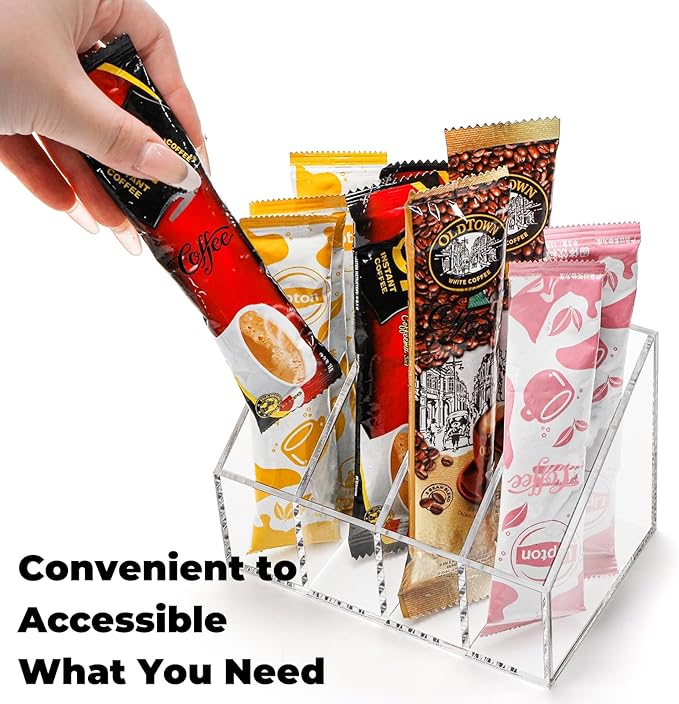 2 Pack Drink Packet Organizers, Clear Acrylic Water Flavor Packet Holder, 4 Compartments Cabinet Organizer Bins, Tea Bag Sugar Packet Storage for Pantry Kitchen Organization Drink Mixes