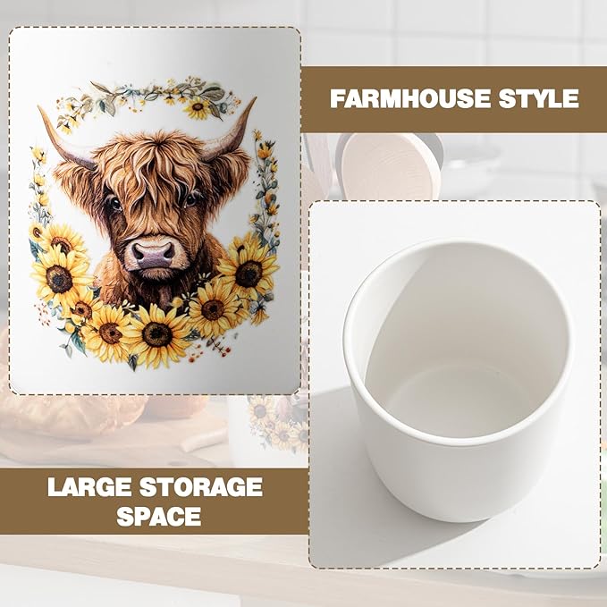 Sawysine Highland Cow Ceramic Utensil Holder Kitchen Crock Storage Accessories Decoration for Home Farmhouse Kitchen Countertop Storage Organizer Container Gifts