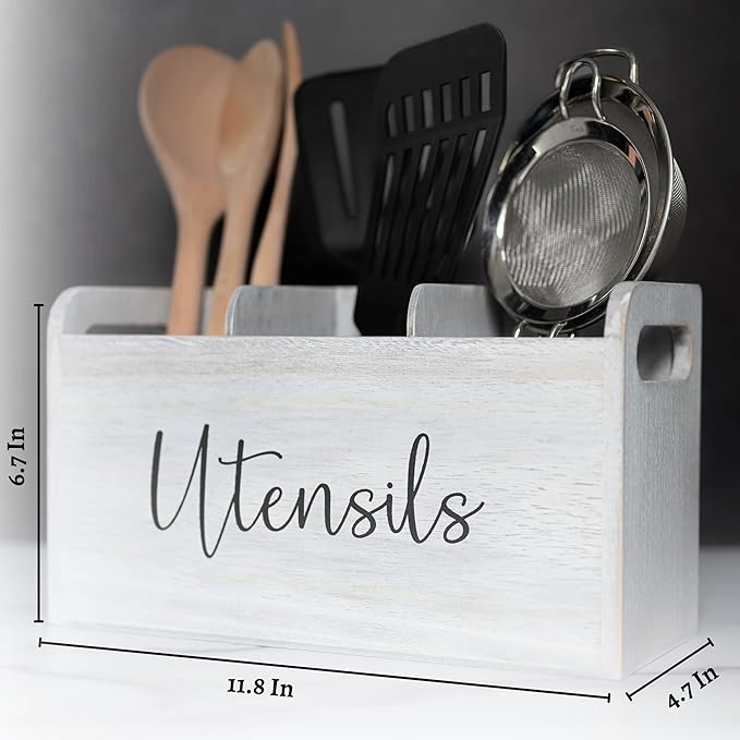 White Kitchen Utensil Holder for Countertop – Large 3-Compartment Cooking Utensil Organizer & Caddy with Drain Holes, Modern Wood Utensil Holder for Kitchen Counter, Spatula & Spoon Storage