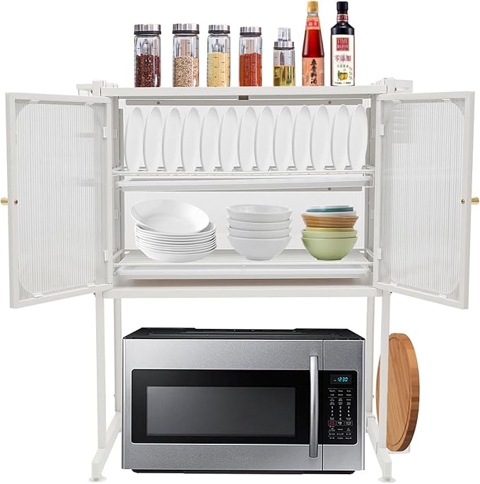 Kitchen Storage Rack, 3-Tier Metal Dish Rack, Over The Sink Dish Drainer Drying Rack, Table Standing Microwave Oven Shelf w/ Feet Adjustable, Home Storing Organizer Unit for Kitchen Utensils (White)