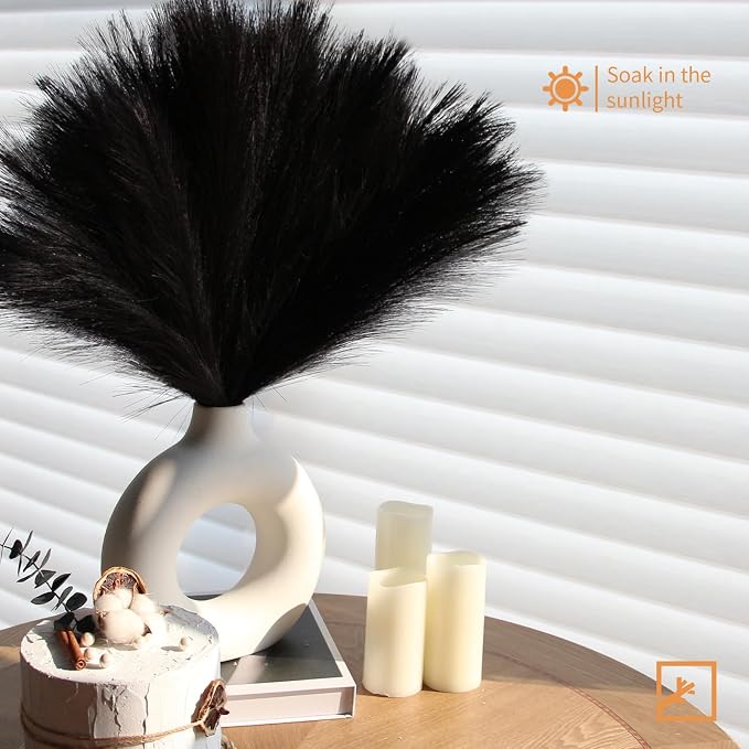 ZIFTY 6-Pcs 17" Black Pampas Grass Faux Pompas Fluffy Artificial Fake Flower Gothic Decorations for Black Bathroom Decor Vase Filler Ins Style Modern Home Decor Halloween (Black)