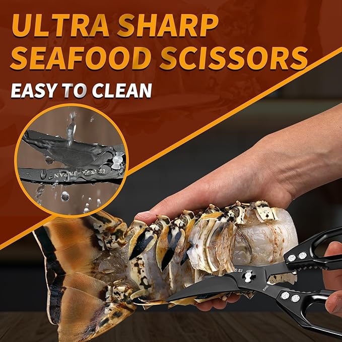 Huusk Seafood Scissors Black - Stainless Steel Kitchen Shears Dishwasher Safe, Sharp Japanese-Style Kitchen Scissor for Crab, Shrimp, Lobster, Herbs and Food Prep, Gifts for Men Women
