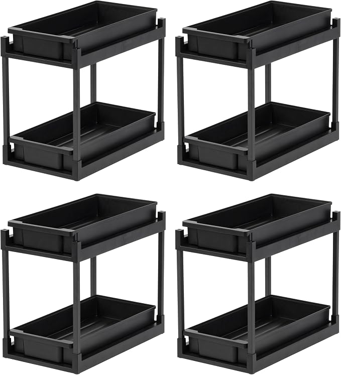 IRIS USA Under Sink Organizer, 4 Pack, Bathroom Organizers and Storage, Pull Out Under Cabinet Kitchen Shelf Pantry Under Counter, Cleaning Supplies, Vertical Spice Rack Slide Out Drawer, Easy Install