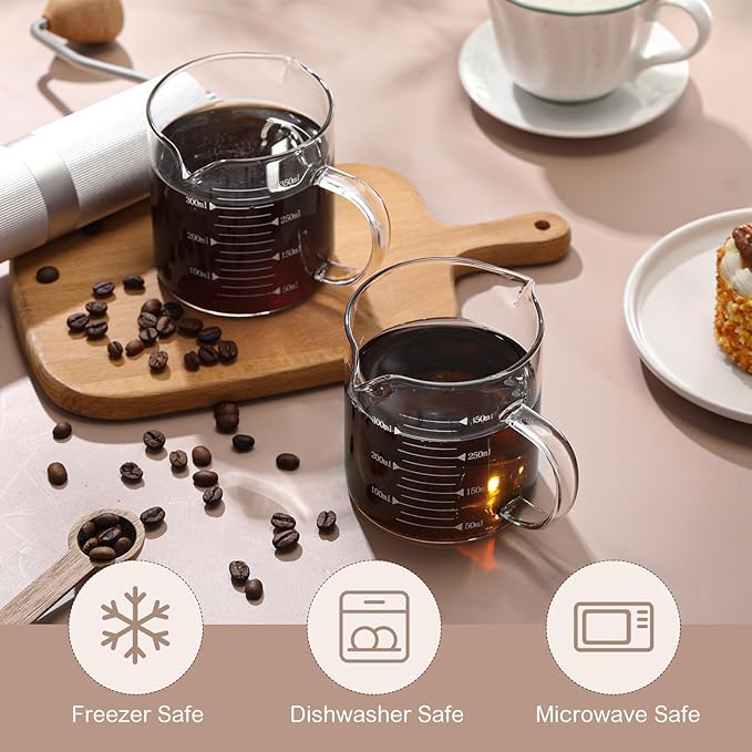 Patelai 2 Pcs 12oz/350ml Espresso Cups, Glass Measuring Cups with Double Spouts & Handle, Scale Espresso Shot Glass Milk Frothed Cup Coffee Accessories for Machines, Milk Frothed, and Bars