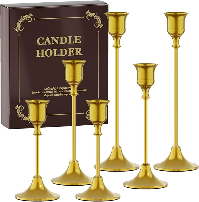 FSyueyun 6 Pcs Gold Candle Holders, Elegant Metal Taper Candle Holders Set, Modern Candlestick Holders for Table Centerpiece, Fireplace Mantel, Wedding, Christmas Home Decor and Housewarming Gift