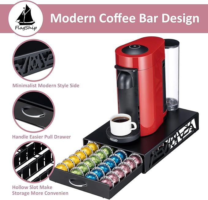FlagShip Vertuo Pod Holder- Modern Black Metal Coffee Capsule Organizer & Space-Saving Pod Storage for Coffee Machines, Generous 40 Vertuo Pods Capacity