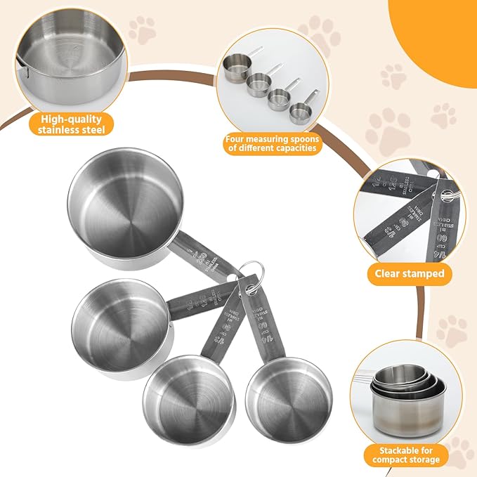 4 Pcs Dog Cat Food Scoop Stainless Steel Measuring Cup Set 1, 1/2, 1/3, 1/4 Cup Pet Measuring Cups for Dog Cat Dry Metal Food Storage Liquid Scoop for Kitchen Coffee Cooking Dishwasher
