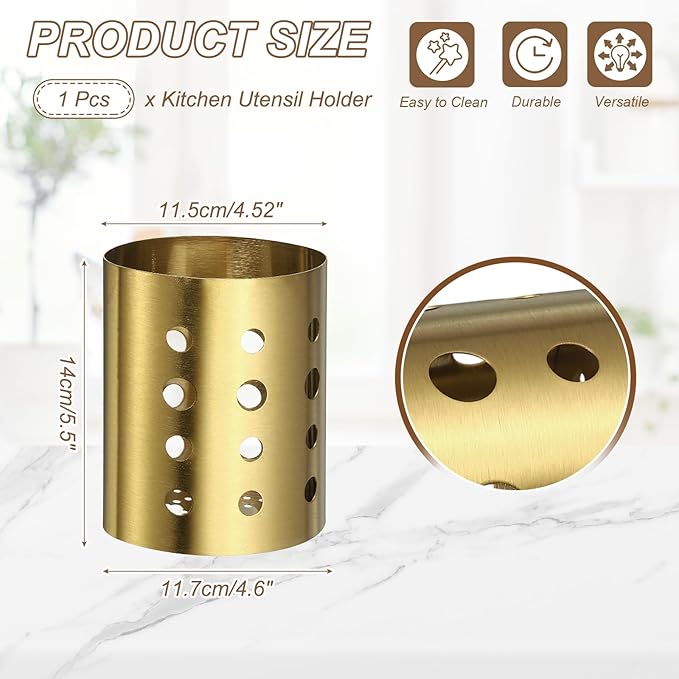uxcell Kitchen Utensil Holder, 4.6x5.5 Stainless Steel Utensil Cutlery Holder Oval Flatware Organizer with Drain Hole for Kitchen Restaurant Countertop Straw, Spoon, Chopstick, Gold