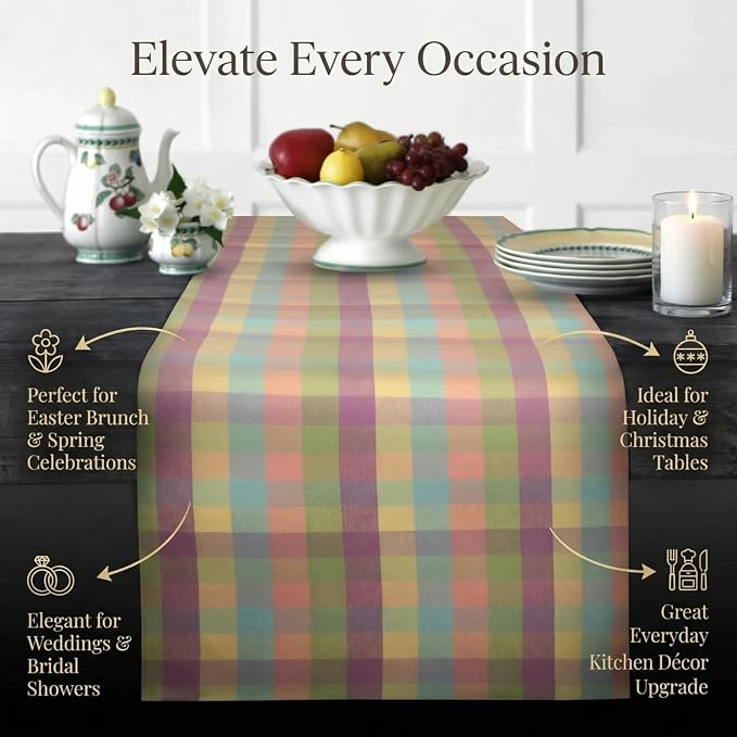 Urban Villa Easter Checks 100% Cotton Fused Table Runner, 14" x 72" Inches, Checkered/Plaid Pattern, Heavy Duty, Machine Washable, Eco-Friendly, Food Safe