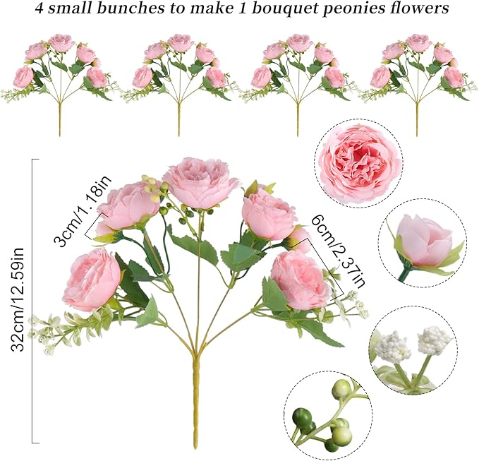 Pusuny Artificial Peonies Silk Flowers, 4 Bundles Faux Peony Bouquet Florals Arrangements for Farmhouse Home Boho Wedding Table Centerpiece, Fake Plastic Flower Bulk for Vase Decoration (Light Pink)