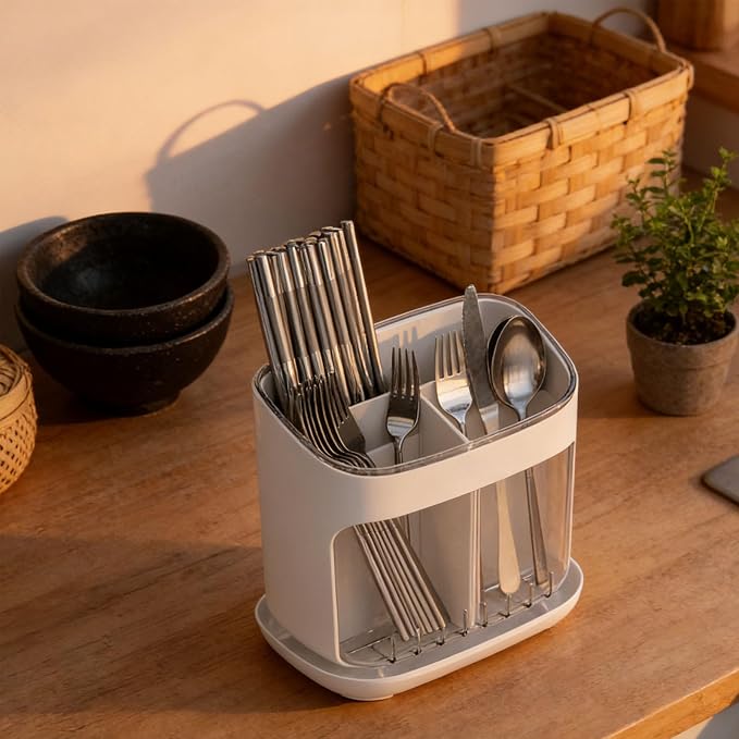 Yosoo Kitchen Utensil Holder, Countertop Organizer with Dedicated Compartments for Chopsticks Forks Spoons, Drainage Groove and Removable Drip Tray, Compact Storage Box for Contem (White Transparent)