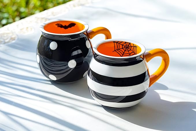 Terramoto Ceramic Halloween Bat Dots and Spider Web Stripes Mugs set of Two Assorted Design