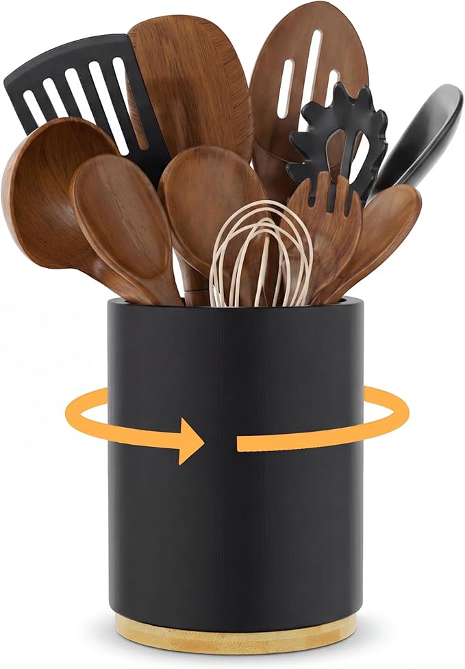 ZUJJAFY Black Utensil Holder, 360° Rotating Kitchen Utensil Holder for Counter, 7.2" Large Cooking Utensil Crock for Countertop, Bamboo Utensils Organizer for Cooking Spatula Storage