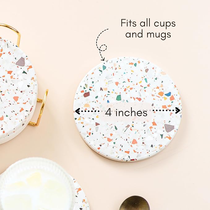 Terrazzo Coasters Set of 6, Ceramic Absorbent Drink Coasters, Cute Mid Century Boho Coaster, Coffee Table Desk Decor, Colorful Stone Coaster for Drinks