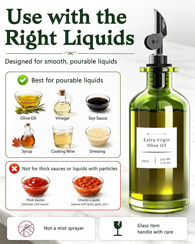 COOLMI Olive Oil Dispenser Set of 2, Dark Green Glass Bottles, 12 oz | Black Auto-Flip Drip-Control Spouts, Funnel, 2 Brushes, And 45 Labels For Oil, Vinegar, Soy Sauce, And Syrup.