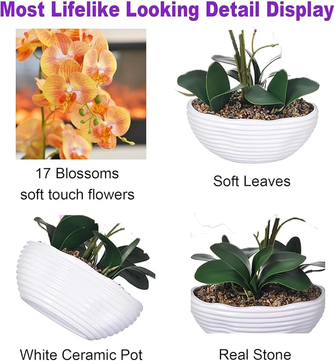 19" H Phalaenopsis Faux Orchid Plant Silk Orchid Centerpiece Artificial Floral Arrangement in Ceramic Pot (Orange)